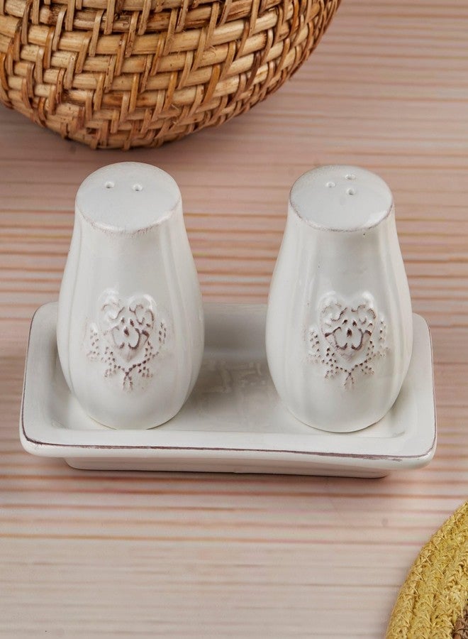 Kookee Ceramic Salt and Pepper Shakers Set with Tray - Elegant Namak Dani, Spice Sprinkler & Dispenser for Dining Table, Kitchen & Restaurant Use, White (10656) - Image 2